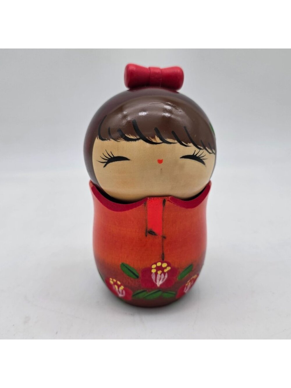 Hand-Painted Japanese Kokeshi Doll With Floral Red Kimono & Bow Top Wooden